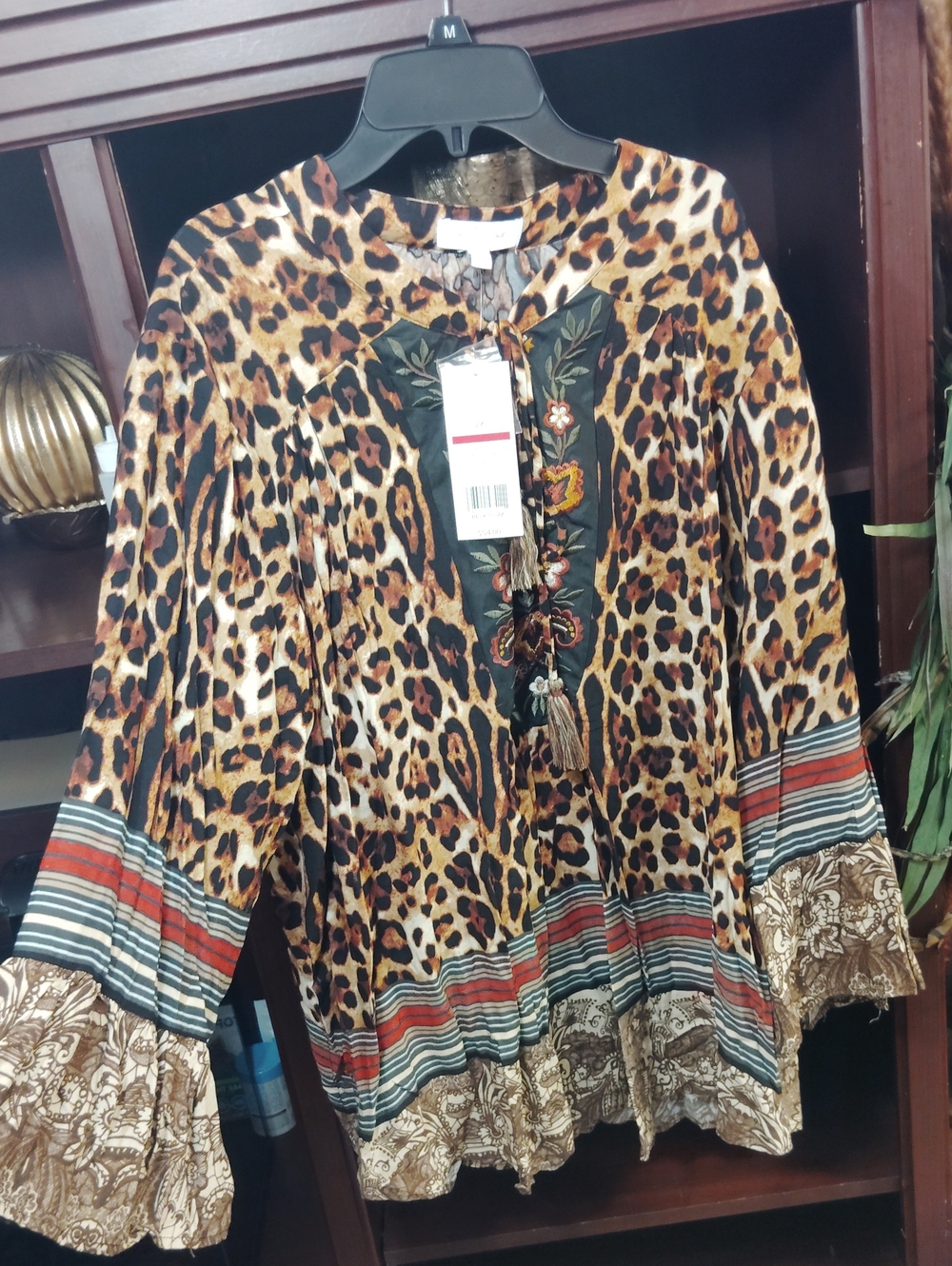 new directions Leopard Print Embroidered Tassel Tunic in Brown and Tan